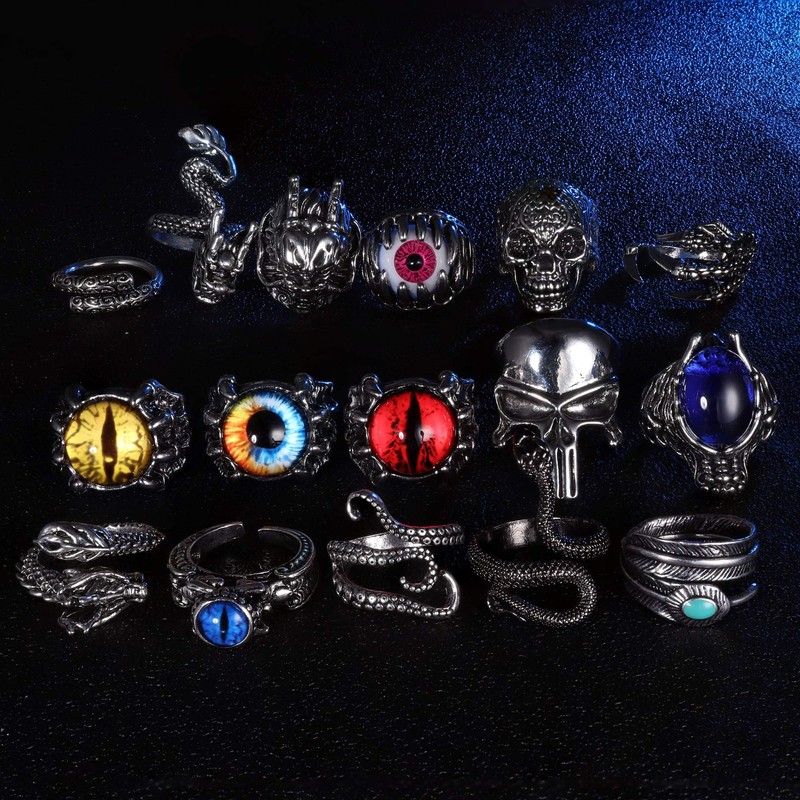 Jstyle 16 Pieces Vintage Punk Rings for Men Women Gothic