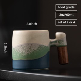 Dicmracy 2-Oz Ceramic Espresso Cups with Wood Handle, 2/4-Piece Set for Coffee, Tea, Latte - Dishwasher Safe, Multi-Color & Wood Styles, Gift & Café Use (Kiln turning blue, Wooden Handle4)