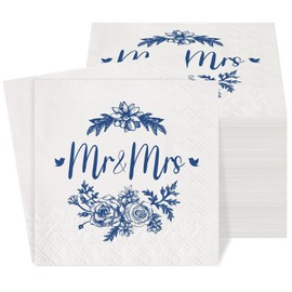 Kosiz 100 Pcs Mr and Mrs Wedding Napkins 3 Ply Blue Floral Cocktail Paper Dessert Disposable Napkins Chinoiserie Wedding Party Table Decor for Reception Engagement Bridal Shower