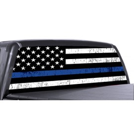 66" x 18" Thin Blue Line American Flag Distressed Truck Rear Window Tint Perforated Vinyl Graphic