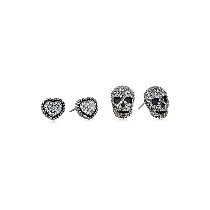Betsey Johnson CZ Pave Heart & Skull Duo Set of