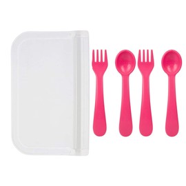 Lollaland 5 Piece Plastic Toddler Silverware Spoon and Fork Utensil Set - Reusable Toddler Cutlery with Hygienic Travel Pouch (Pink)