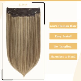 Anrosa Wire Hair Extensions Heat Resistant Walnut Brown Mixed Light Platinum Blonde 16 Inch 90g Human Hair Extensions with Fish Line Invisible Transparent Balayage Straight Real Human Hair Extensions Adjustable Clips