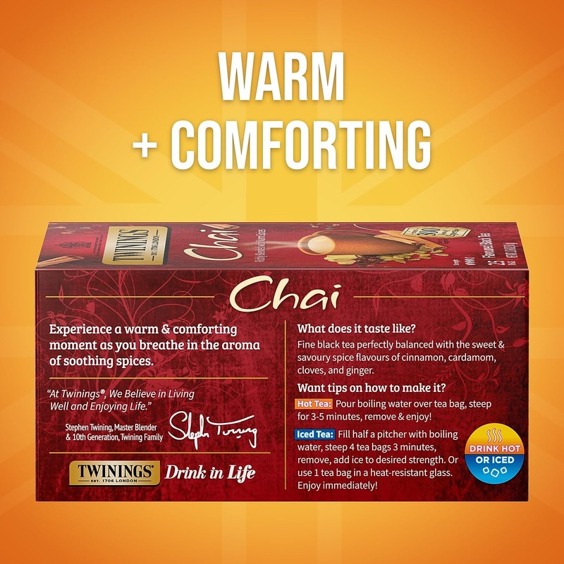 TWININGS 09185 Tea Bags, Chai, 1.76 oz, 25/Box
