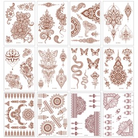 12 Sheets Henna Tattoo Stickers, Mehndi Snake Elephant Temporary Tattoos Waterproof Lace Mandala Flower Design Hand Arm Body Art Stencils Stickers for Women Adults Weddings Party
