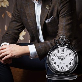 SIBOSUN Pocket Watch Engraved for Wedding with Fine Tie Clip, 5PCS Pocket Watch for Groomsman/Best Man/Groom with Chain, Quartz Vintage Pocket Watches,Gift Box for Men-Black