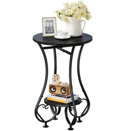 X-cosrack Small Round Side Table,Round End Table for Small Spaces - Black Metal Nightstand with Adjustable Feet,Couch Sofa Coffee Table,Retro Accent Table for Living Room Bedroom Balcony