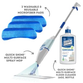 Quick Shine Spray Mop Kit with 3 Reusable Mop Pads & 1 Safer Choice Multi-Surface Floor Cleaner 16oz | Quick & Easy Cleaning | No Batteries Required | Refillable Cleaning Cartridge,White