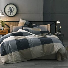 Modern Plaid Duvet Cover Twin Geometric Grid Bedding Set 100% Cotton Checkered Comforter Cover Luxury Soft Plaid Bedding Quilt Cover with 2 Pillowcases Cotton Grid Bedroom Collection
