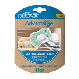 Dr. Brown's Advantage One-Piece Silicone Baby Pacifier, Fully Symmetrical Soother, Dark Gray/Green/Yellow, 6-18m, BPA Free, 3 Pack