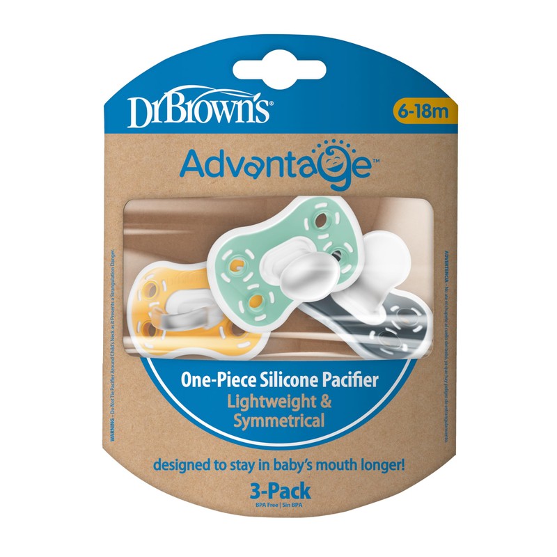 Dr. Brown's Advantage One-Piece Silicone Baby Pacifier, Fully Symmetrical Soother,