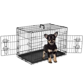 30-Inch Folding Metal Wire Dog Crate, Durable, Foldable, Collapsible Double Door Dog Crate with Removable Leak-Proof Pan, Portable Dogs Crate with Divider, Black