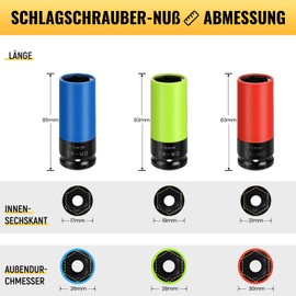 1/2 Inch Impact Wrench Nut Set, 17 19 21 mm Wheel Bolts Nut Set, Rim Protector for Wheel Change, CR-MO, Colour Coded, Non-Scratching, Protective Sleeves for Alloy Wheels, Ideal for the Automotive