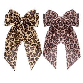 JJUNW 2 Pcs Women Bows with Long Tail Large Bow Leopard Hair Clips, Satin Cheetah Print Girls Hair Accessories for Women, French Dress Up Accessories(Yellow and Pink)