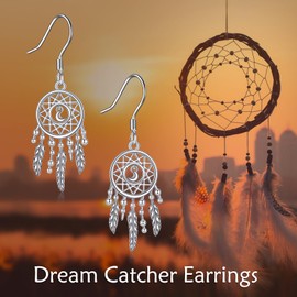 VONALA Dream Catcher Feather Earrings Vintage Bohemian Western Jewelry Dream Catcher Feather Sterling Silver 14K White Gold Plated Dangle Earrings for Women