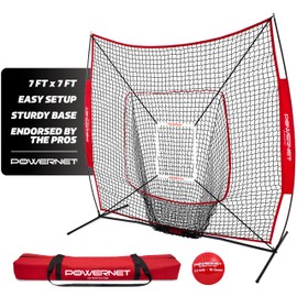 PowerNet Baseball & Softball Practice Net 7x7 FT with Accessories for Practice Pitching & Batting, Weighted Ball, Strike Zone Attachment (Pitching Kit, Red)