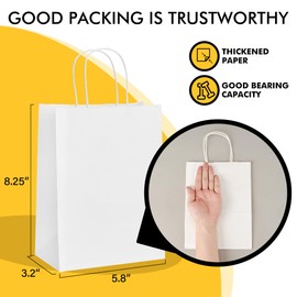 RACETOP White Paper Bags with Handles Bulk 8"x4.5"x10.8" 100Pcs Gift Bags Medium Size, White Gift Bags with Handles, Gift Bag Bulk for Retail, Party, Shopping, Merchandise