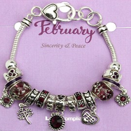 Birthstone Bracelet Multi-Color Charm Beads Silvertone February OB07234-FEB