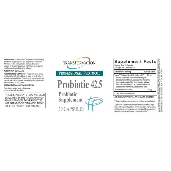 Transformation Enzymes - Probiotic 42.5, 30 Capsules - Maximum Strength Formula for Healthy Intestinal Balance