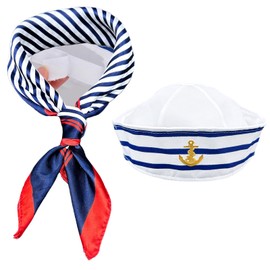 KECDRU Sailor Hat and Scarf for Men Women Girls Sailor Costume Blue and White Adjustable Universal Sailor Hat with Scarf for Women Men Carnival Fancy Dress Party Cosplay