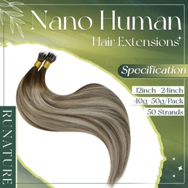 RUNATURE Balayage Nano Beads Hair Extensions Human Hair Brown Nano Extensions Real Human Hair Dark Brown to Ash Brown with Light Blonde Nano Link Hair Extensions 20 Inch 50g 50 Strands