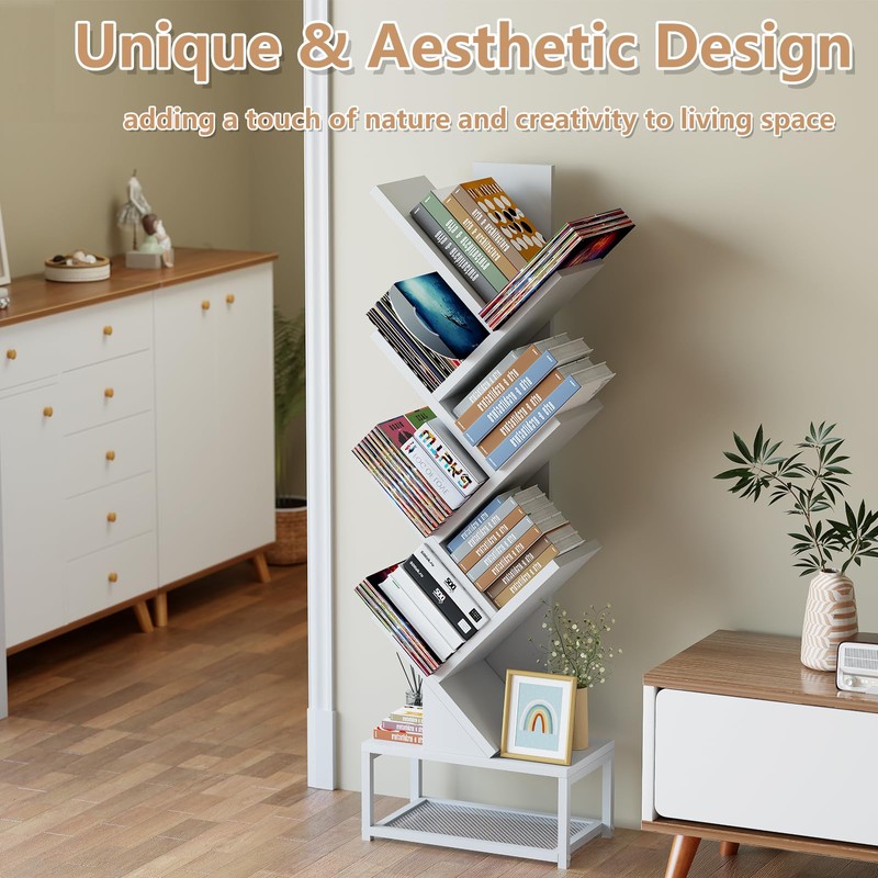 EasyCom Tree Bookshelf Metal Base, 7 Tier Bookcase Storage, Floor