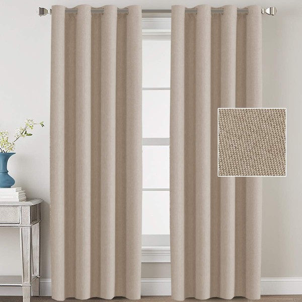 Linen Blackout Curtains 84 Inches Long for Bedroom / Living Room Thermal Insulated Grommet Curtain Drapes Primitive Textured Linen Burlab Effect Window Draperies 2 Panels - Light Taupe