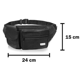 Roamlite Extra Large Bumbag - Leather XL Bum Bag - 34 to 52 Inch Waist - 6 Pockets - Phone Pocket - Holidays, Travel, Festivals - 24 cm Black - RL276K