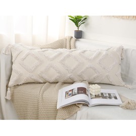 PANOD Decorative Long Lumbar Pillow Cover 16x36 Boho,Super Soft Chenille Extra Long Lumbar Pillow Case Cover with Tassel for Bed Sofa Couch Farmhouse Livingroom,White,Modern Skinny