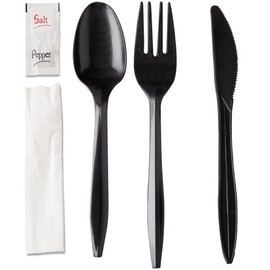 150 Plastic Cutlery Packets - Knife Fork Spoon Napkin Salt Pepper Sets | Black Plastic Silverware Sets Individually Wrapped Cutlery Kits, Bulk Plastic Utensil Cutlery Set Disposable To Go Silverware