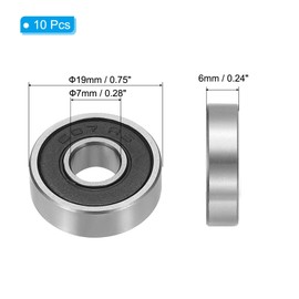 PATIKIL 0.24" x 0.75" x 0.28" 607-2RS Deep Groove Ball Bearing 10 Pack Double Rubber Sealed Bearings Pulley Bearing Wheel Skateboard Bearings