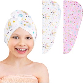 Paquete de 2 toallas de microfibra para secar el cabello para niños, turbante de secado de pelo de unicornio para niñas y mujeres, secado rápido