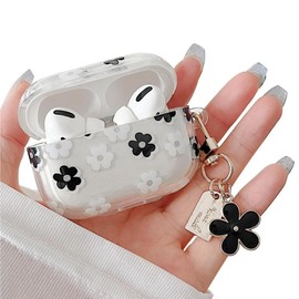 MINSCOSE Compatible with AirPods Pro Clear Case,Cute Cartoon Flower Pattern Design with Floral Keychain, Soft TPU Protective Shockproof Case for AirPod Pro for Girls Women-Black