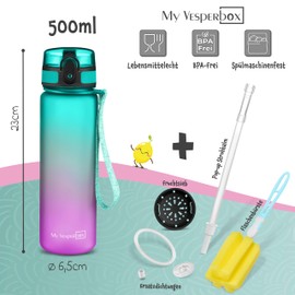 My Vesperbox Minny Children's Leak-Proof Water Bottle, with Straw or Strainer, 500 ml, Lightweight Tritan Water Bottle, BPA-Free, for Nursery, School, Purple-Green, 500 ml