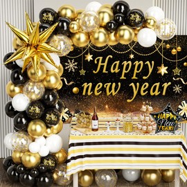 New Years Balloons Arch Kit - 86 Pack with Backdrop, Black and Gold Party Decorations, Happy New Years Eve Party Supplies 2025, New Years Decorations 2025