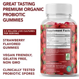 Plant.O Organic Probiotic Gummies for Women, Men & Kids [5 Billion CFUs USDA Certified] Help Support Digestion, Bloating, Constipation & Immune System, Strawberry Flavor, 30 Chewable Probiotics