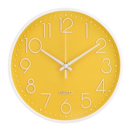 bakbrand Wall Clock 10 Inch Non-Ticking Silent Modern Simple Style Round Decor Clock Yellow Stereoscopic Dial Quartz Wall Clocks for Home/Office/School/Living Room/Bedroom/Kitchen
