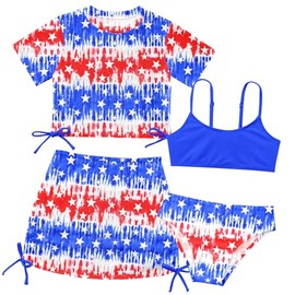 Girls 4PCS Bathing Suits Set 8 9 Years Old White Stars Print USA Flag Swimsuits with Beach Skirts Blue Red 4 Piece Tankini 4th of July Swimwear