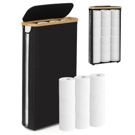 GARPROVM Extra Large Toilet Paper Storage Basket with Lid, Slim Free Standing Toilet Roll Storage for 24 Regular Rolls ＆ 18 Mega Rolls Toilet Paper Holder Stand Waterproof for Bathroom, Black