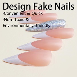 Press on Nails Long Stiletto SWEKKE French Tip Fake Nails Nude Pink Full Cover Sliver Glitter False Nails with Designs Glossy Glue on Nails Acrylic Manicure Artificial Nails for Women Girls 24Pcs