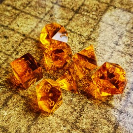 Bescon Crystal Clear (Unpainted) Sharp Edge DND Dice Set of 7, Razor Edged Polyhedral D&D Dice Set for Dungeons and Dragons Role Playing Games, Amber Colour