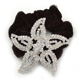 Large Rhodium Plated Diamante 'Star' Pony Tail Black Hair Scrunchie - Clea