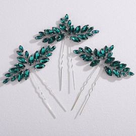 Missgrace Women Silver Red Green Simple Rhinestones Hair Pins Headpiece Bride Wedding Prom Party Hair Accessories for Women Set of 3 (Silver Peacock Green)