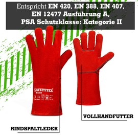 Safetytex Kreien Welding Gloves – High-Quality Leather Gloves for Optimum Protection – Heat Resistant – Size 10, Colour: Red (1 Pair)