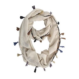 Beige Jersey Knit Circle Scarf With Multicolor Tassels