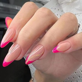 Almond Press on Nails Medium Hot Pink Fake Nails French Tips Stick on Nails Full Cover Gel False Nails with Gold Glitter Designs Glossy Stripe Glue on Nails for Women Girls Daily Wear Manicure 24pcs