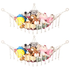 WUFANC Kuscheltier Aufbewahrung Hängend Dreiecksnetz 2er-Pack, Boho Makramee Stofftier Aufbewahrung Netz für Kinderzimmer Deko - Netz für Kuscheltiere Einfach organisieren und aufbewahren Plüschtiere