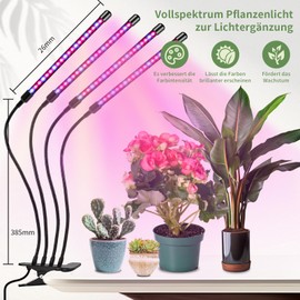 BeSokar LED Plant Lamp, Full Spectrum 6000 K, 5 Dimming Levels, Timer Function, 360° Swivel Arm, Grow Lamp with Clip (4 Arms)