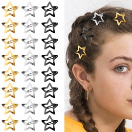Classicseali Pack of 24 Star Hair Clips, Star Hair Clips for Children, Girls, Madame, Girls, Hair Pins, Stars Gold, Cute Y2K Metal Snap Headpiece, 3 Colours in Gold, Silver, Black
