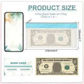 PATIKIL 8.5 x 4 Inch Zipper Money Bag Set of 4 Clear PVC Cash Deposit Envelopes Coin Purse Cosmetic Bills Blue Pink Purple Beige